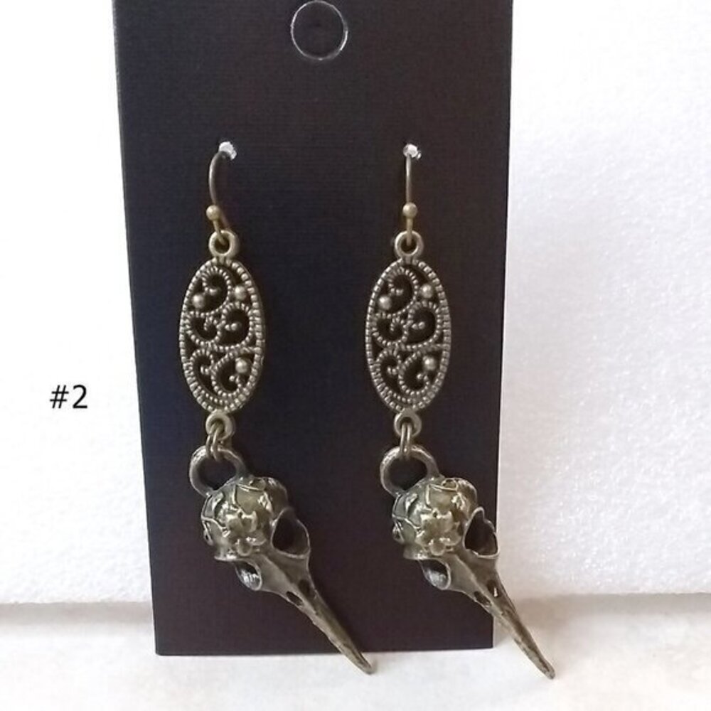Bronze Bird Skull Earrings - Goth Pagan Raven Crows Occult Forest Witch Goddess - Picture 5 of 10
